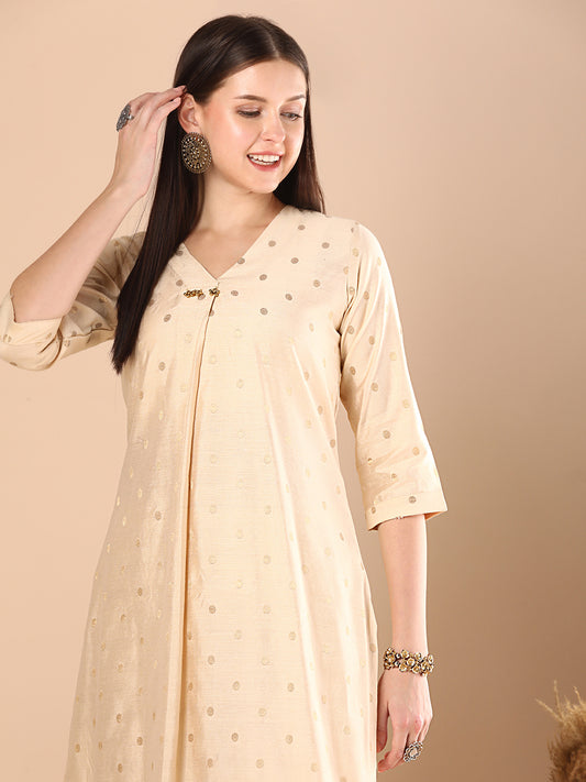 Solid Ethnic Woven A-Line Kurta with Pant - Cream