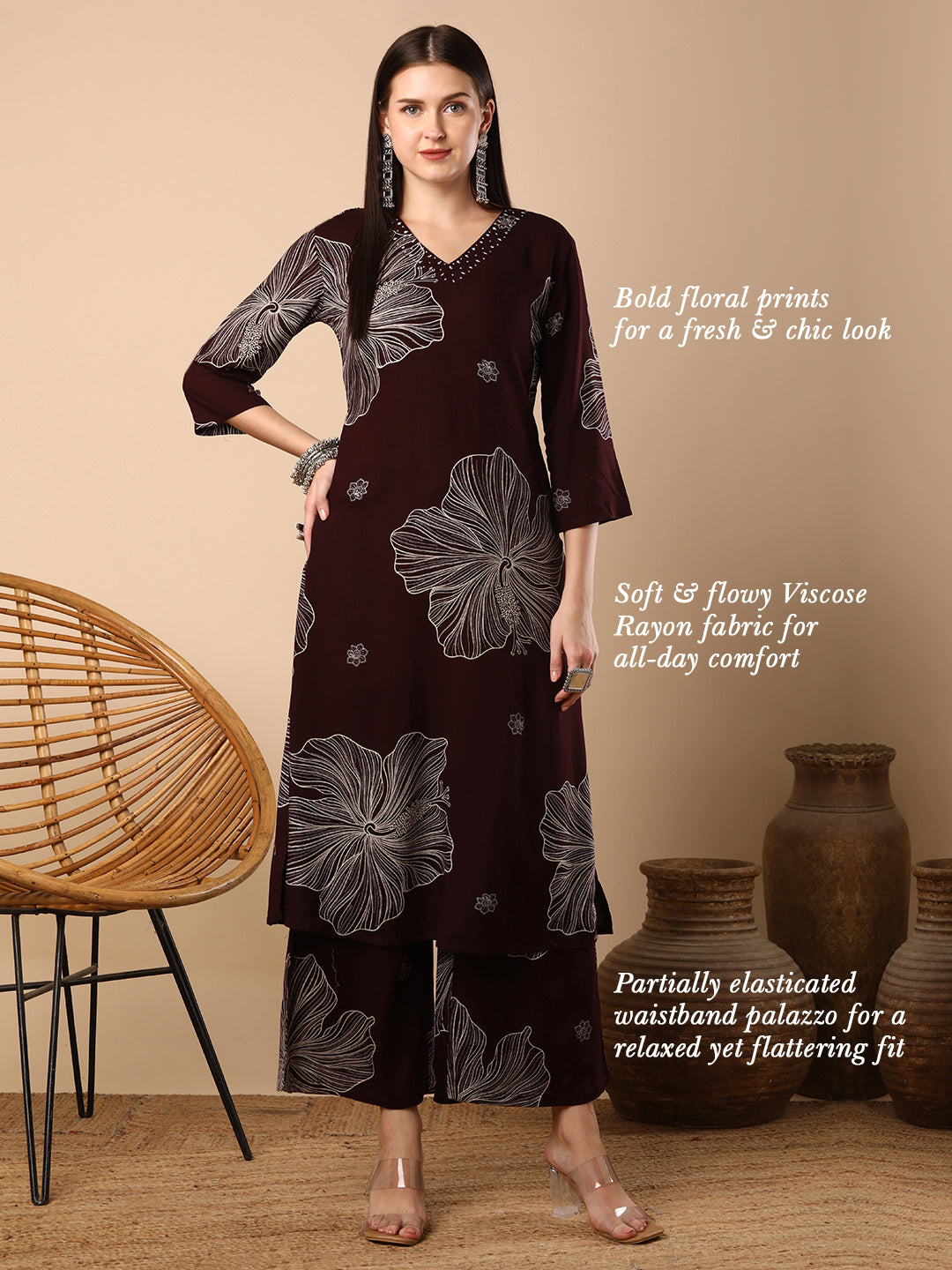 Abstract Floral Printed Straight Fit Co-ord Set - Burgundy