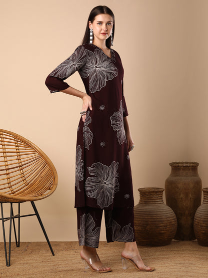 Abstract Floral Printed Straight Fit Co-ord Set - Burgundy