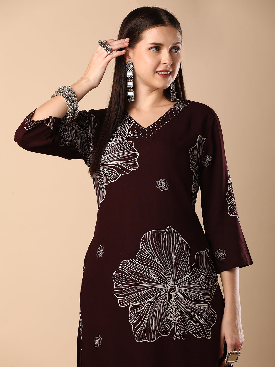 Abstract Floral Printed Straight Fit Co-ord Set - Burgundy