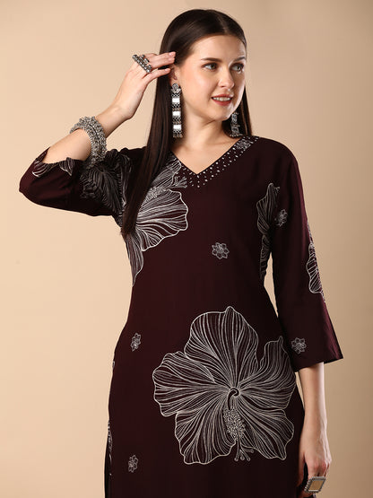 Abstract Floral Printed Straight Fit Co-ord Set - Burgundy