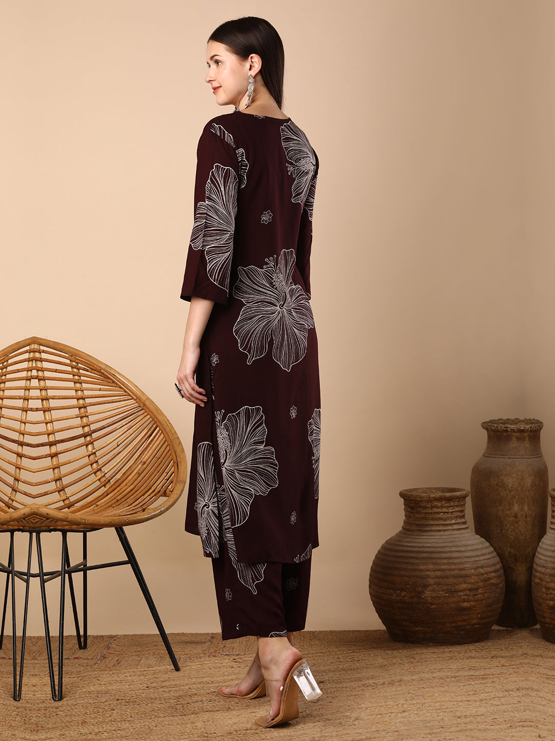 Abstract Floral Printed Straight Fit Co-ord Set - Burgundy