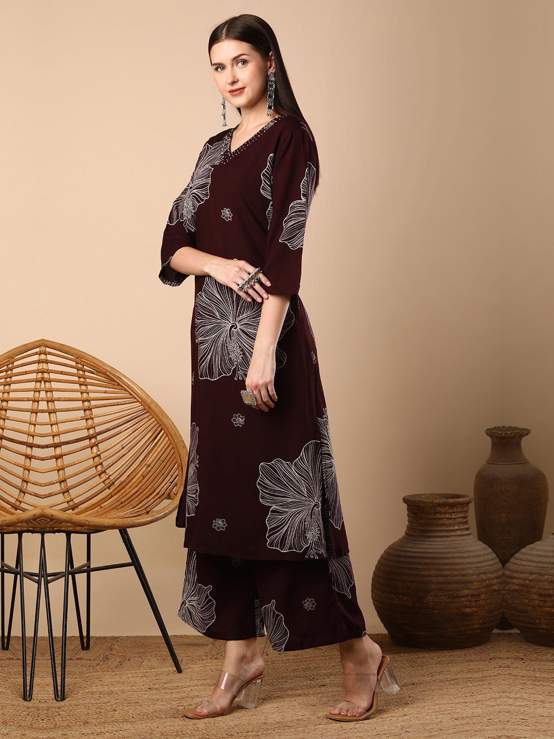 Abstract Floral Printed Straight Fit Co-ord Set - Burgundy