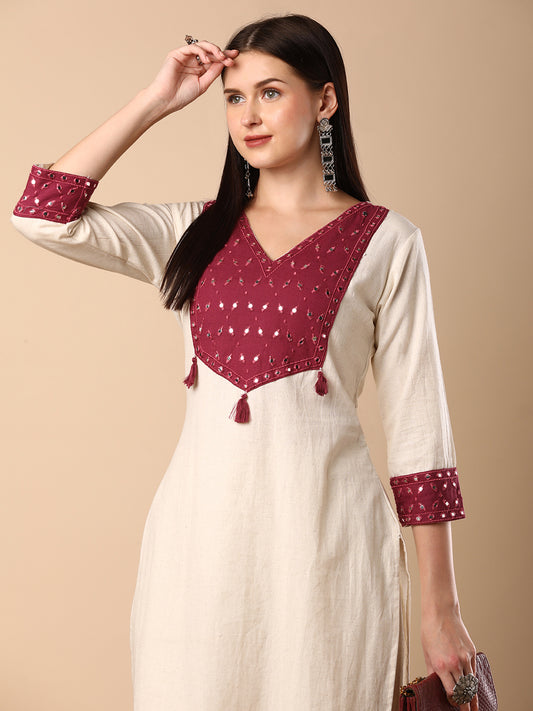 Solid Ethnic Mirror Embroidered Straight Fit Co-ord Set - Off White