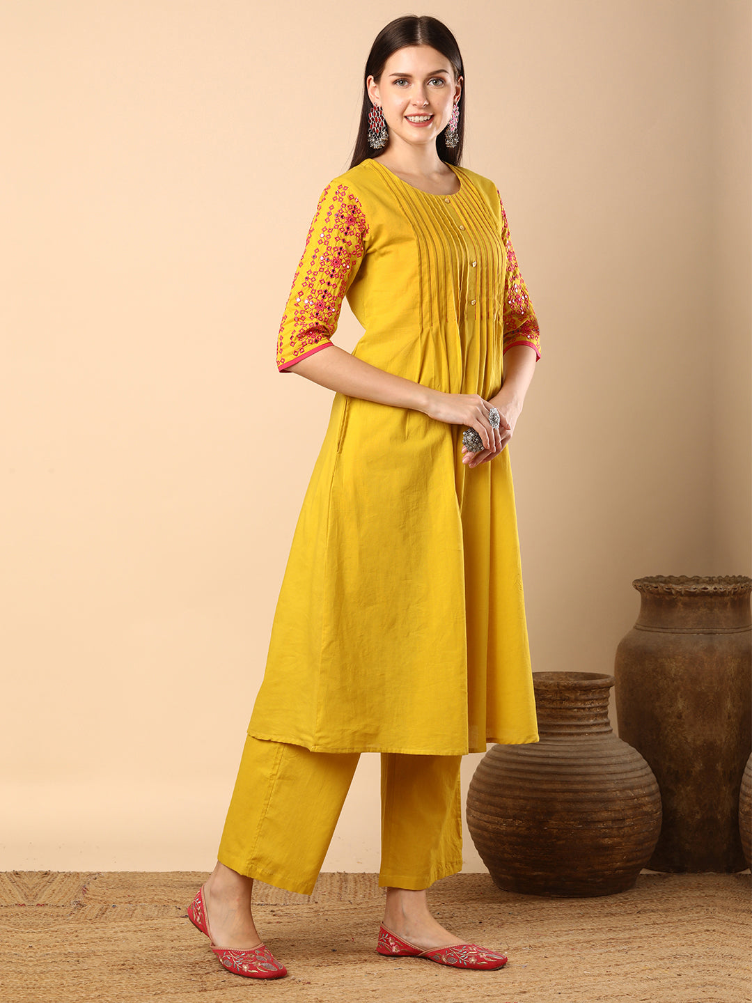 Solid Pin Tucked & Geometric Floral Embroidered A-Line Pleated Co-ord Set - Yellow