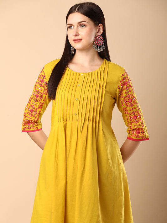 Solid Pin Tucked & Geometric Floral Embroidered A-Line Pleated Co-ord Set - Yellow