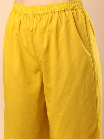 Solid Pin Tucked & Geometric Floral Embroidered A-Line Pleated Co-ord Set - Yellow