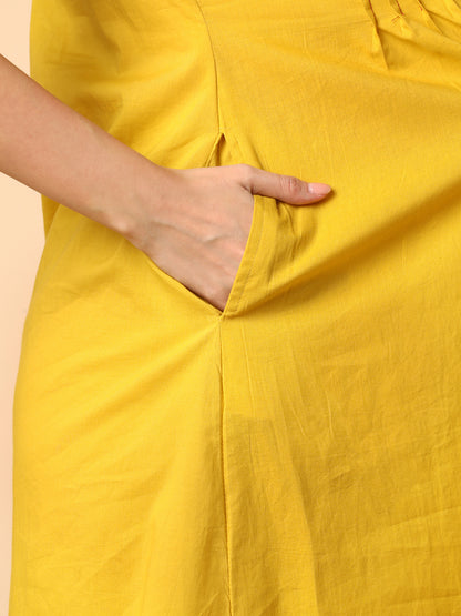 Solid Pin Tucked & Geometric Floral Embroidered A-Line Pleated Co-ord Set - Yellow