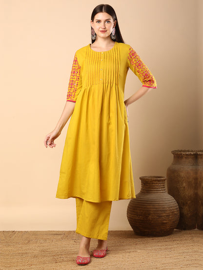 Solid Pin Tucked & Geometric Floral Embroidered A-Line Pleated Co-ord Set - Yellow
