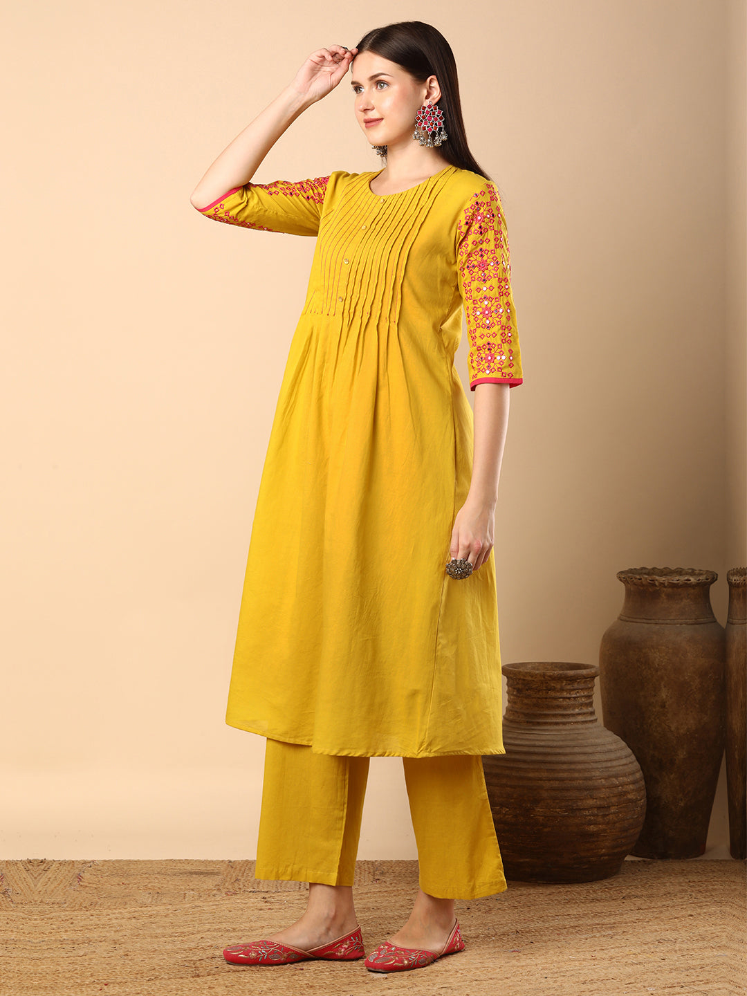 Solid Pin Tucked & Geometric Floral Embroidered A-Line Pleated Co-ord Set - Yellow
