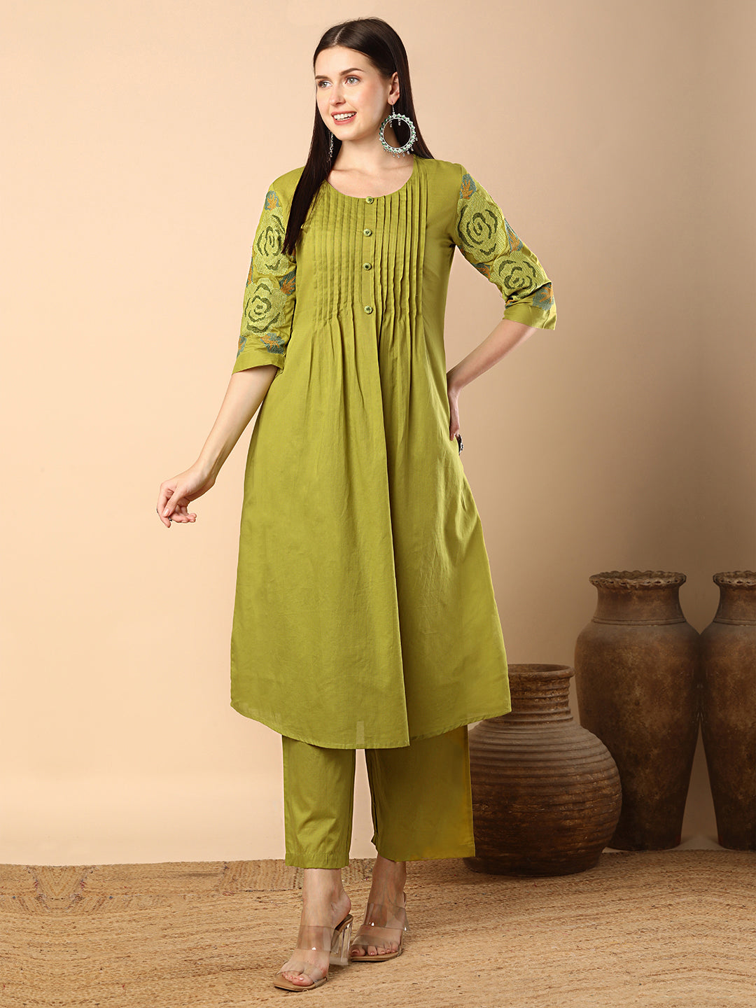 Solid Geometric Floral Cross Stitich Embroidered A-Line Pleated Co-ord Set - Green