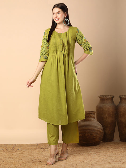 Solid Geometric Floral Cross Stitich Embroidered A-Line Pleated Co-ord Set - Green