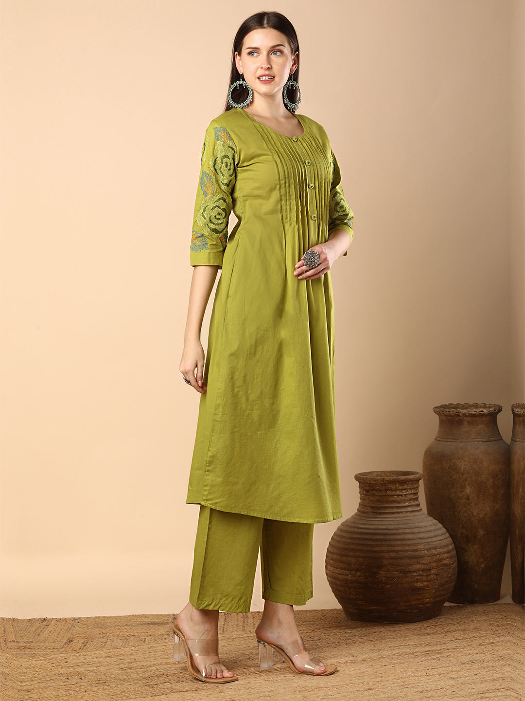 Solid Geometric Floral Cross Stitich Embroidered A-Line Pleated Co-ord Set - Green