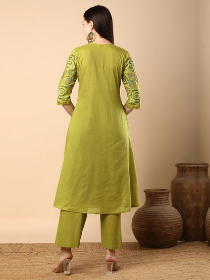 Solid Geometric Floral Cross Stitich Embroidered A-Line Pleated Co-ord Set - Green