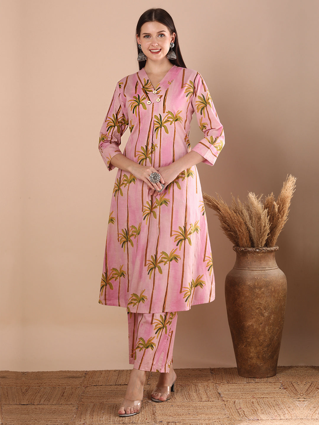 Abstract Coconut Tree Printed A-Line Paneled Co-ord Set - Pink