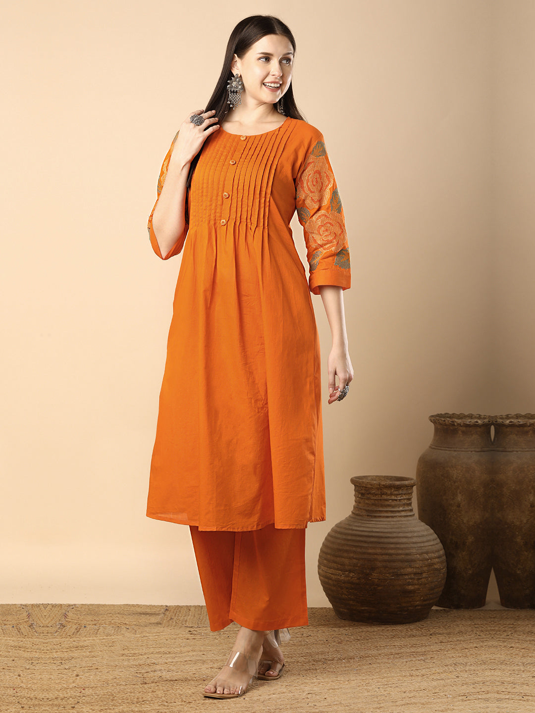 Solid Geometric Floral Cross Stitich Embroidered A-Line Pleated Co-ord Set - Orange