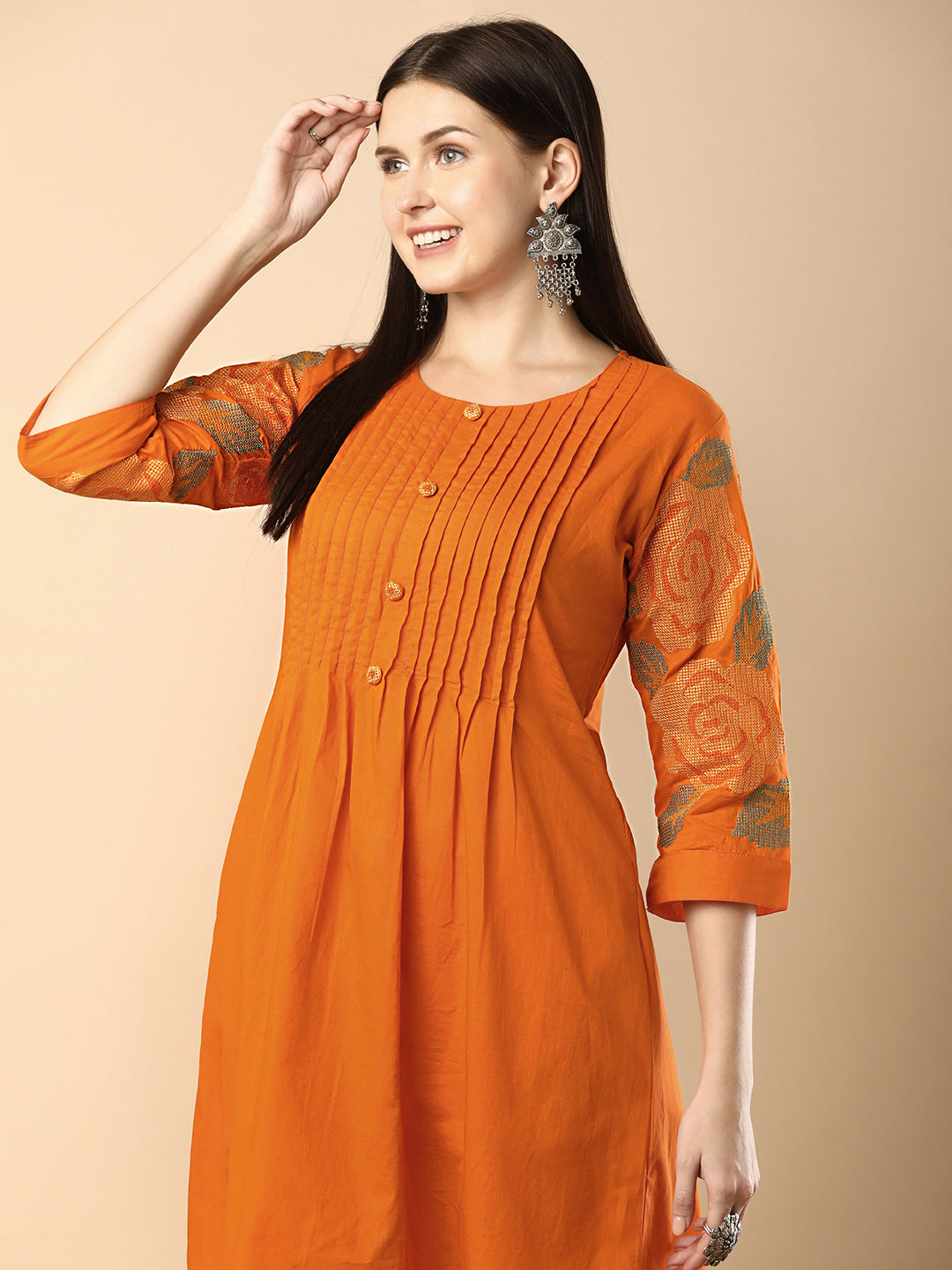 Solid Geometric Floral Cross Stitich Embroidered A-Line Pleated Co-ord Set - Orange