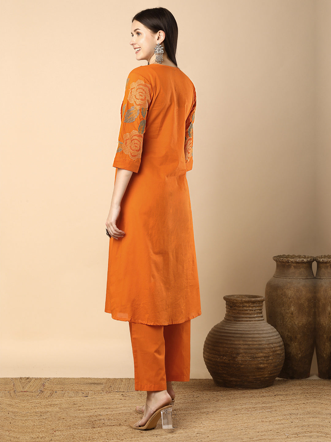 Solid Geometric Floral Cross Stitich Embroidered A-Line Pleated Co-ord Set - Orange
