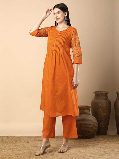 Solid Geometric Floral Cross Stitich Embroidered A-Line Pleated Co-ord Set - Orange