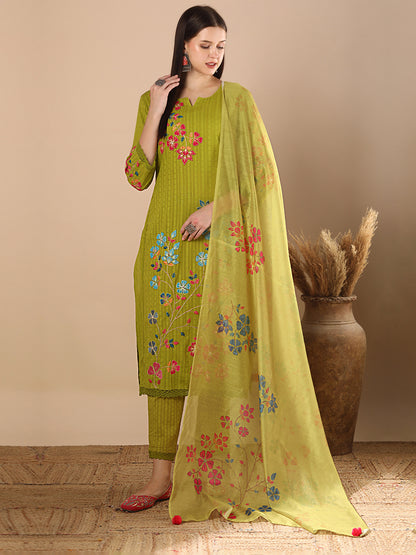 Solid Floral Threadwork Straight Kurta with Pant & Printed Dupatta - Lime Green