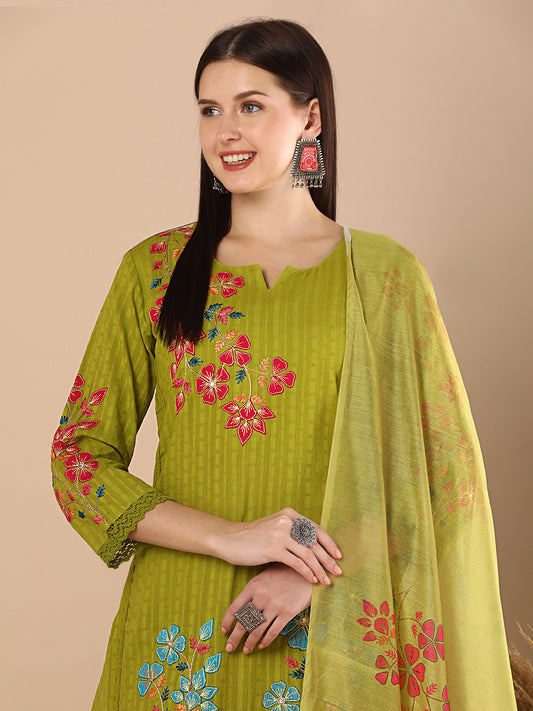 Solid Floral Threadwork Straight Kurta with Pant & Printed Dupatta - Lime Green
