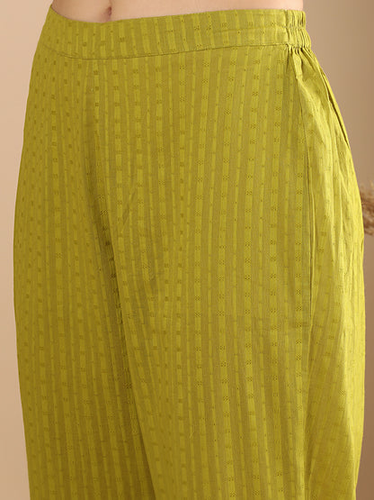 Solid Floral Threadwork Straight Kurta with Pant & Printed Dupatta - Lime Green
