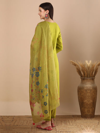 Solid Floral Threadwork Straight Kurta with Pant & Printed Dupatta - Lime Green