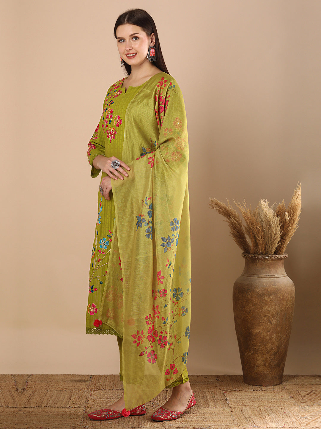 Solid Floral Threadwork Straight Kurta with Pant & Printed Dupatta - Lime Green