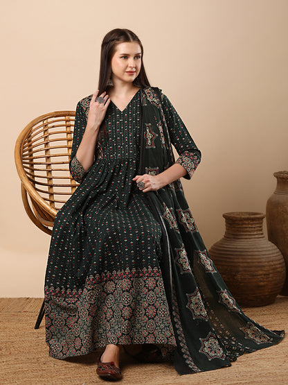 Ethnic Floral Printed & Embroidered Anarkali Flared Kurta with Pant & Dupatta - Green