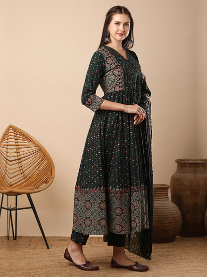 Ethnic Floral Printed & Embroidered Anarkali Flared Kurta with Pant & Dupatta - Green
