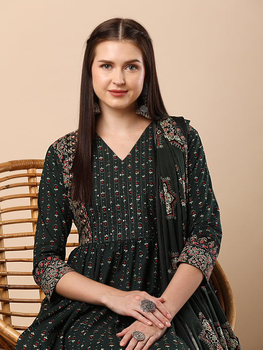 Ethnic Floral Printed & Embroidered Anarkali Flared Kurta with Pant & Dupatta - Green