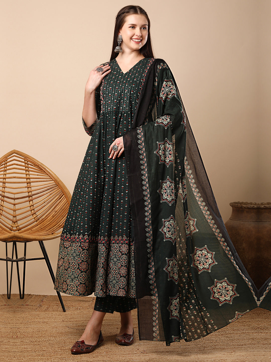 Ethnic Floral Printed & Embroidered Anarkali Flared Kurta with Pant & Dupatta - Green