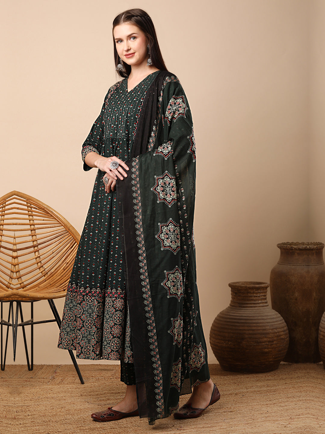 Ethnic Floral Printed & Embroidered Anarkali Flared Kurta with Pant & Dupatta - Green