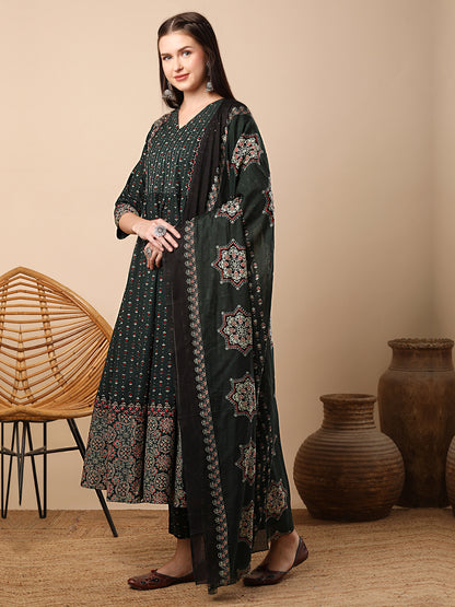 Ethnic Floral Printed & Embroidered Anarkali Flared Kurta with Pant & Dupatta - Green