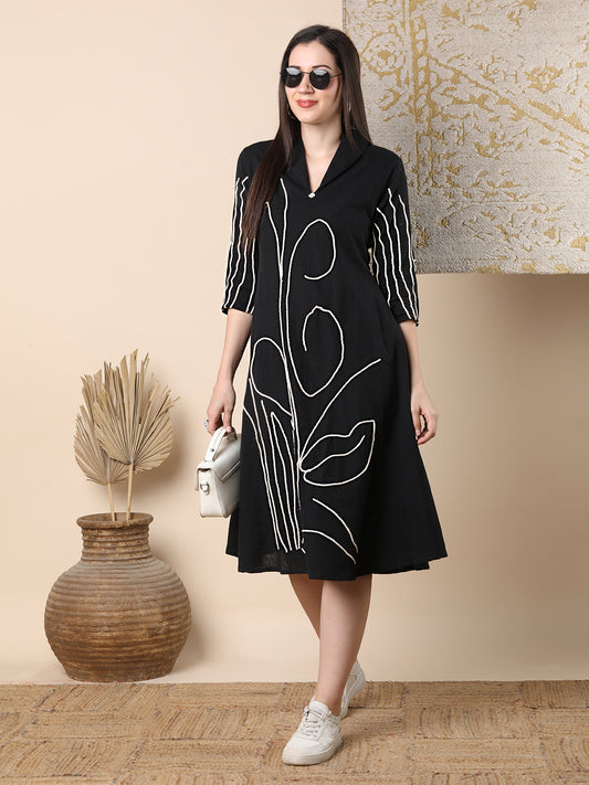 Solid Abstract Floral Embroidered A-Line Flared Midi Dress - Black