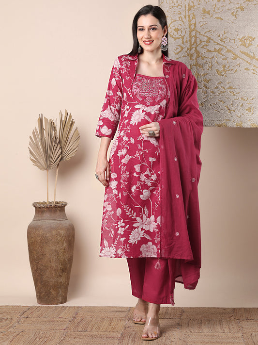 Ethnic Floral Printed & Embroidered Straight Kurta with Pant & Dupatta - Pink