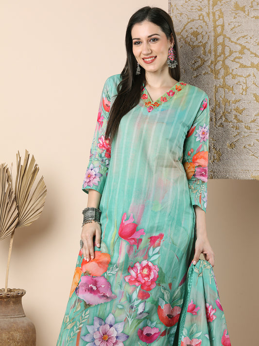 Abstract Watercolor Floral Printed Straight Cut Kurta with Pant & Dupatta - Green