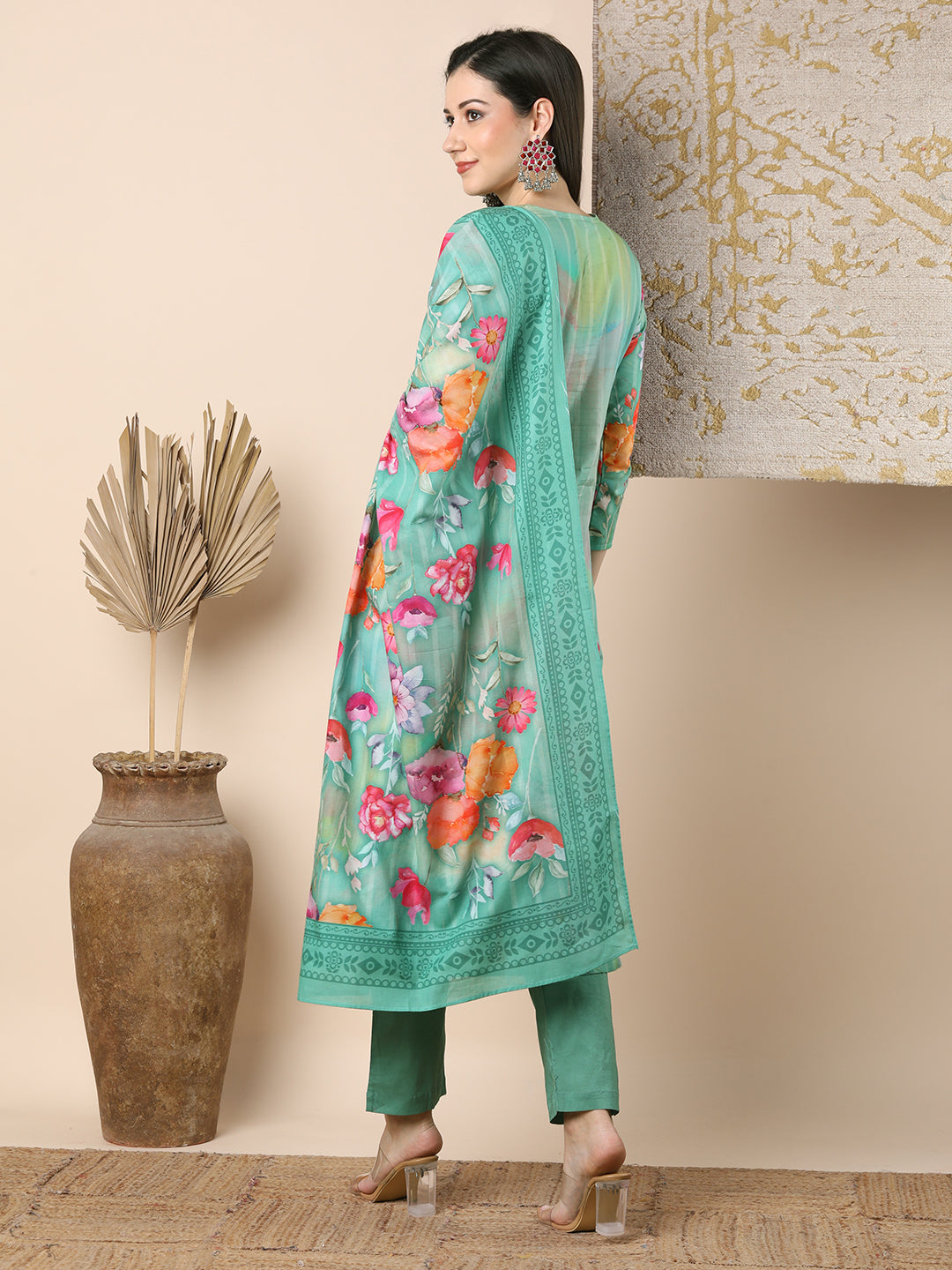 Abstract Watercolor Floral Printed Straight Cut Kurta with Pant & Dupatta - Green