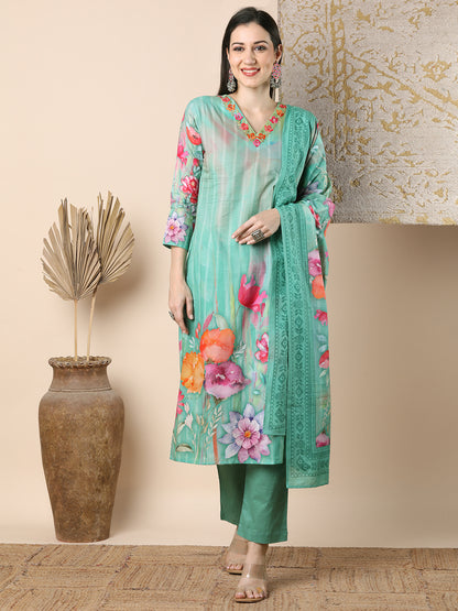 Abstract Watercolor Floral Printed Straight Cut Kurta with Pant & Dupatta - Green