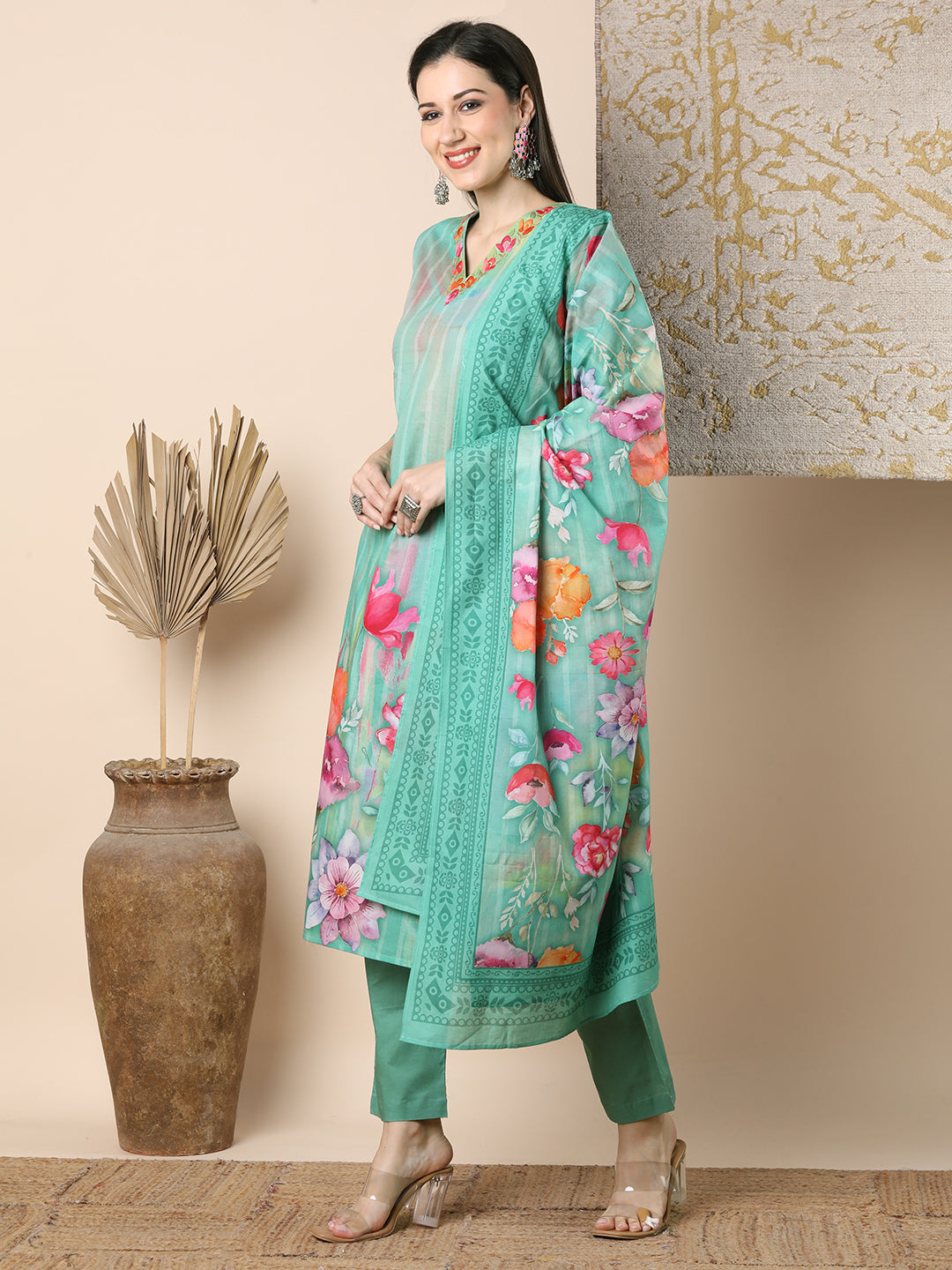 Abstract Watercolor Floral Printed Straight Cut Kurta with Pant & Dupatta - Green