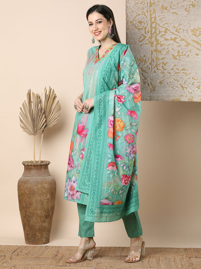 Abstract Watercolor Floral Printed Straight Cut Kurta with Pant & Dupatta - Green