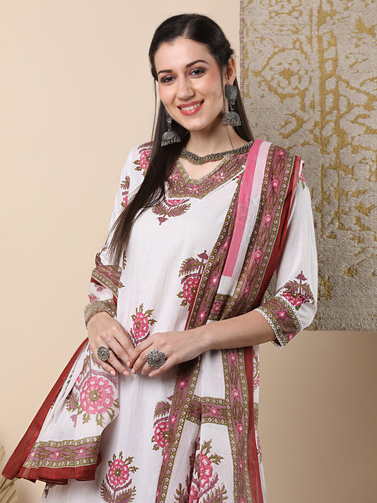 Floral Printed & Embroidered Straight Kurta with Pant & Dupatta - White