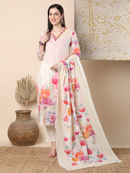 Abstract Watercolor Floral Printed Straight Cut Kurta with Pant & Dupatta - Off White
