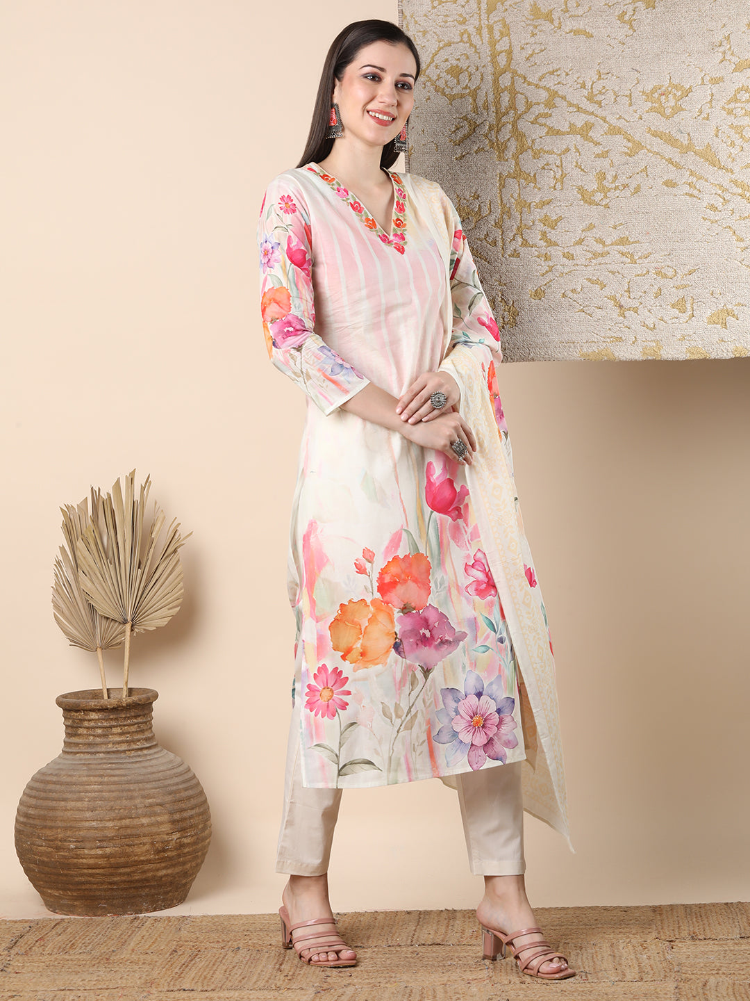 Abstract Watercolor Floral Printed Straight Cut Kurta with Pant & Dupatta - Off White
