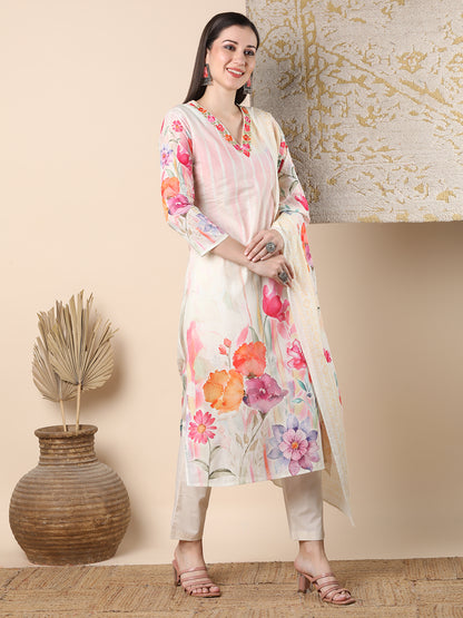 Abstract Watercolor Floral Printed Straight Cut Kurta with Pant & Dupatta - Off White