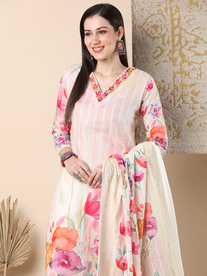 Abstract Watercolor Floral Printed Straight Cut Kurta with Pant & Dupatta - Off White