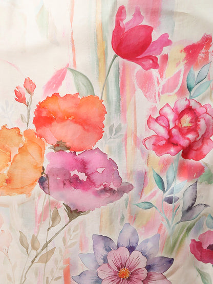 Abstract Watercolor Floral Printed Straight Cut Kurta with Pant & Dupatta - Off White