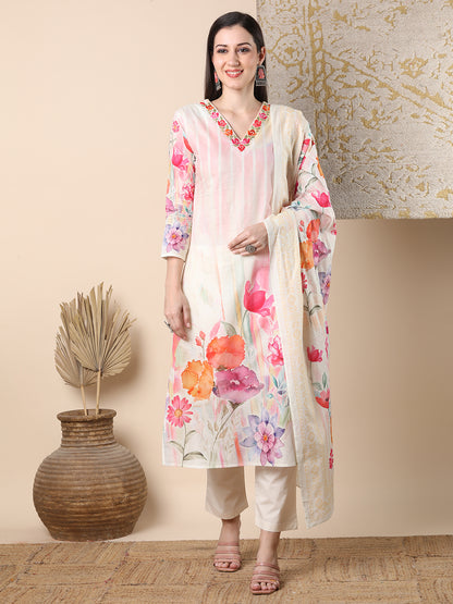 Abstract Watercolor Floral Printed Straight Cut Kurta with Pant & Dupatta - Off White