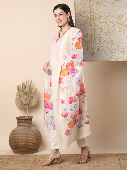 Abstract Watercolor Floral Printed Straight Cut Kurta with Pant & Dupatta - Off White
