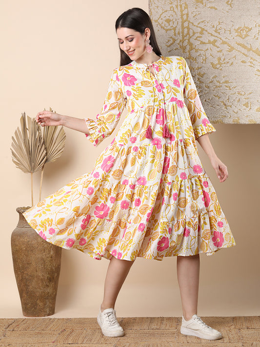 Abstract Floral Printed A-Line Pleated Tiered Midi Dress - White